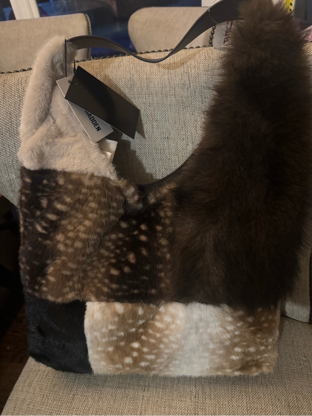 Steve Madden Brown, Cream & Black Faux Fur Patchwork Shoulder Bag